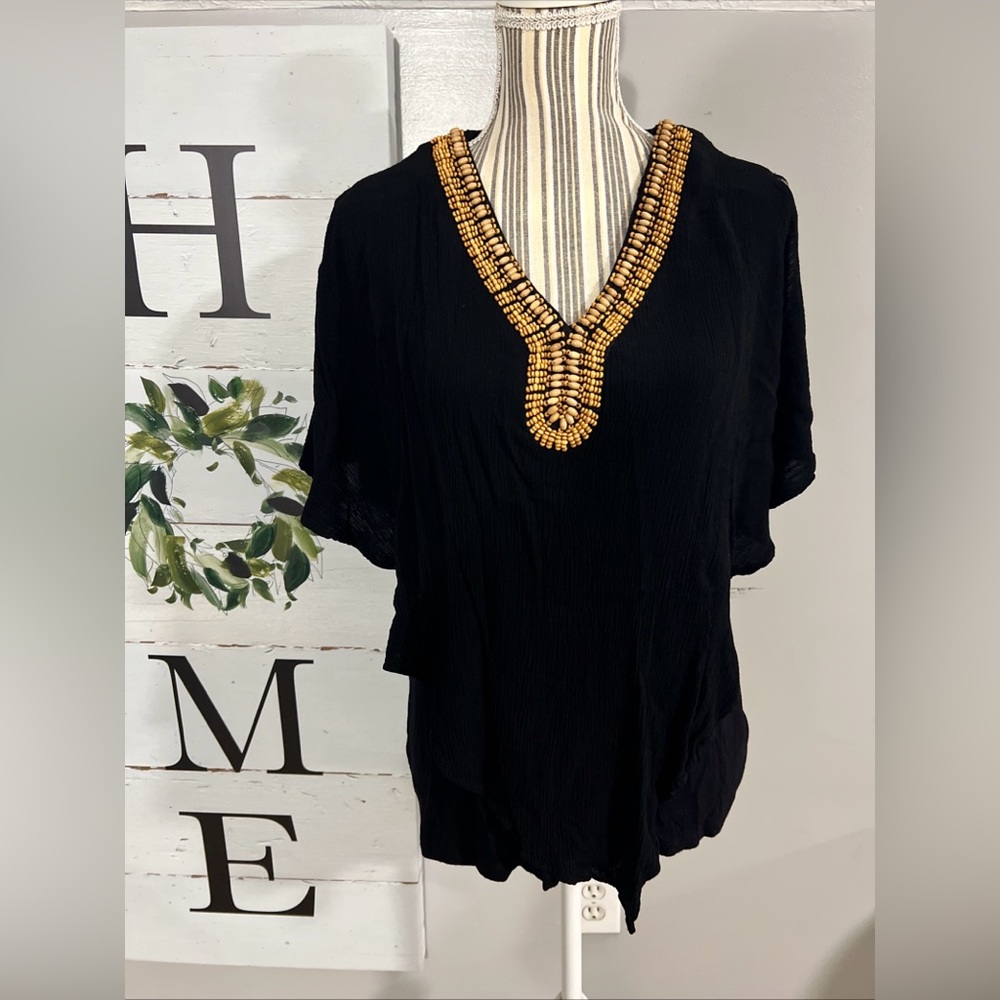 Black Beaded V-Neck Women's Top